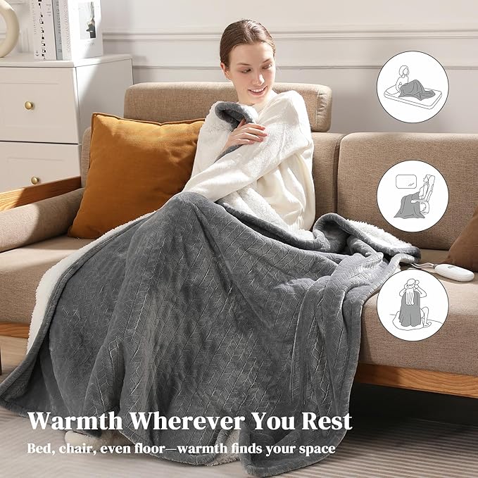 Twin Electric Blanket 62"x84" Heating Blanket Twin, Wheat Pattern Ultra-Soft Flannel & Thick Sherpa with 5 Heat Settings & 10 Hour Auto Shut-Off, ETL & FCC Certified, Machine Washable Home Use, Grey