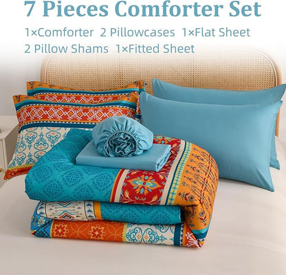 Boho Comforter Set Queen Size,7 Pieces Bohemian Comforter Bedding Set Bed in a Bag,Teal Paisley Floral Comfortet and Sheet Set,Soft Microfiber Striped Bedding Sets for All Season
