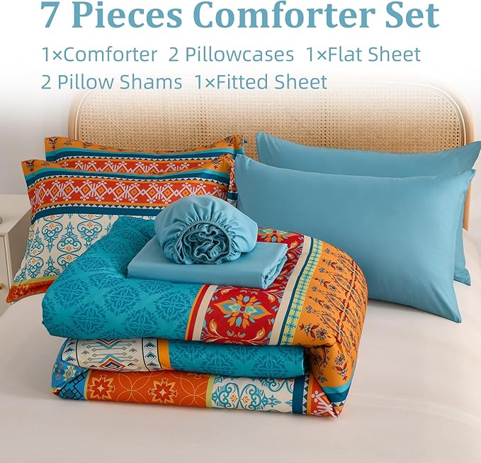 Comforter Set King Size Boho,7 Pieces Bohemian Bedding Comforter Set Striped Bed in a Bag,Teal Paisley Floral Comfortet and Sheet Set,Soft Microfiber Bedding Sets for All Season