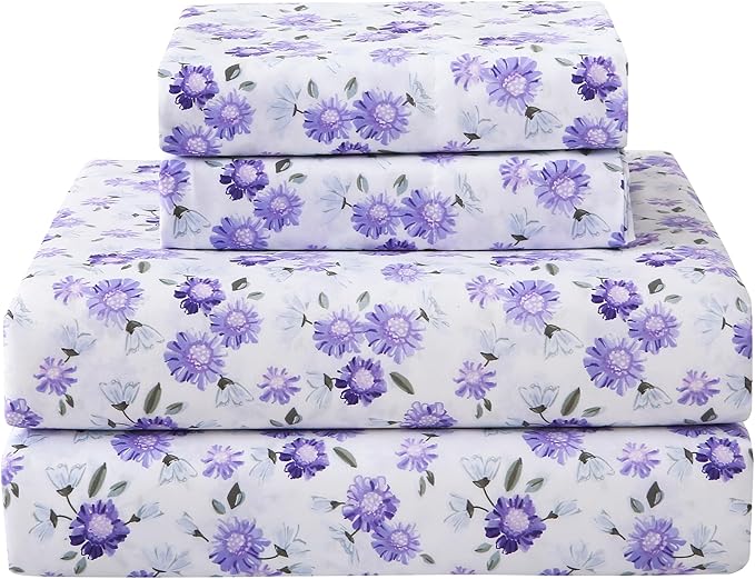 Softan Puple Floral King Sheet Set, 4-Piece Microfiber Printed Fitted Sheet with 15" Deep Pockets & Non-Slip Straps, White Flower Patterned Bedding Sheets & Pillowcase Set