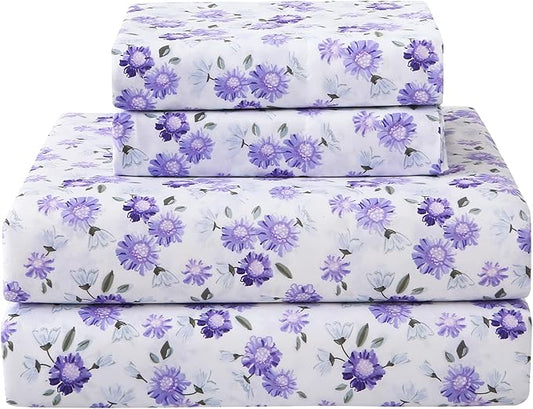 Softan Puple Floral King Sheet Set, 4-Piece Microfiber Printed Fitted Sheet with 15" Deep Pockets & Non-Slip Straps, White Flower Patterned Bedding Sheets & Pillowcase Set