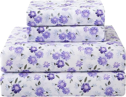 Softan Puple Floral Twin Sheet Set, 3-Piece Microfiber Printed Fitted Sheet with 15" Deep Pockets & Non-Slip Straps, White Flower Patterned Single Bedding Sheets & Pillowcase Set