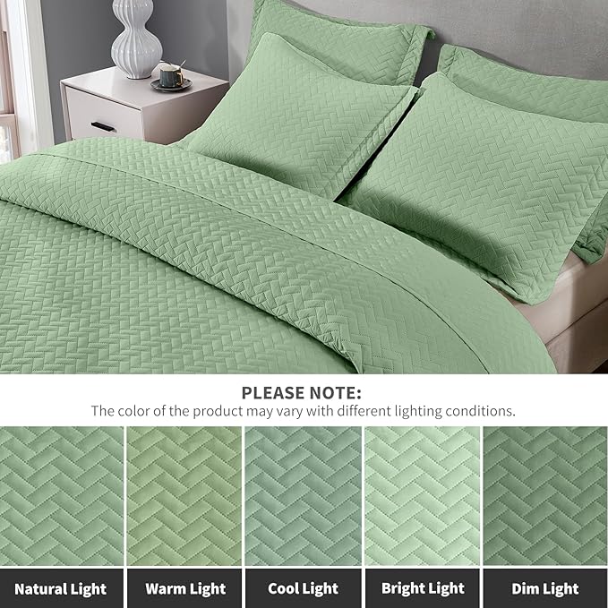 Maple&Stone Quilt Set King, Lightweight Mint Green Bedspread Ultrasonic Chevron Pattern Light Coverlet for All Season Comforter Bedding Decor - 3 Piece King Size Bed Cover Sets