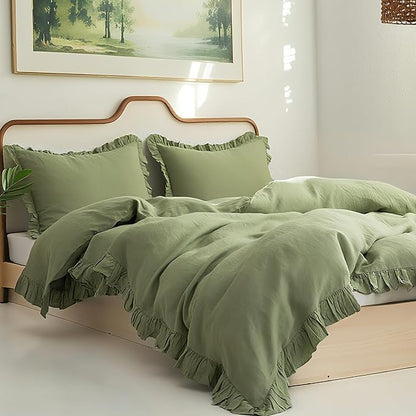 Simple&Opulence 100% Linen Duvet Cover Set, 3 PCS Natural French Flax Sage Green Ruffle Duvet Cover King Size, Breathable Comfy Linen Bedding Comforter Cover with 2 Pillowcases(Sage Green, 104" X 92")