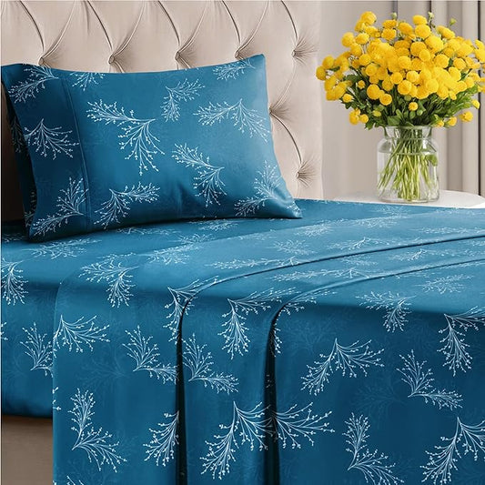 Floral Sheets - Blue & White Floral Bed Sheet Set - 1 Flat, 1 Fitted & 1 Pillowcase w/ Deep Pockets - Wrinkle & Fade Free - Boho Botanical Bedding - Ultra-Soft, Breathable & Cooling - Twin XL Size Set