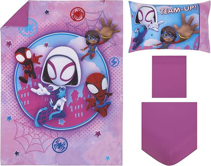NoJo Marvel Ghost Spider, Go Ghosty Purple, Pink, and Blue 4 Piece Toddler Bed Set - Comforter, Fitted Bottom Sheet, Flat Top Sheet, and Reversible Pillowcase