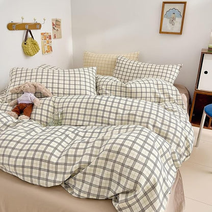 EAVD Vintage Style Plaid Gingham Duvet Cover King Soft 100% Washed Cotton Grey&Green Grid Checkered Bedding Set with 2 Pillowcases Farmhouse Geometric Pattern Duvet Cover with Zipper Closure