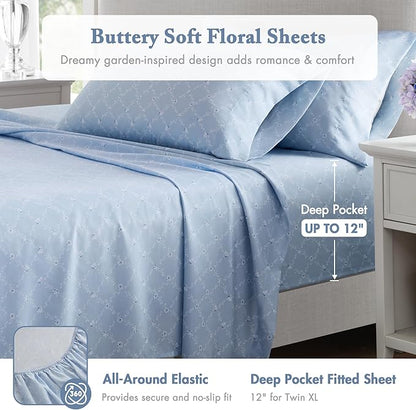 Madison Park Essentials Adele Blue Floral Twin XL Size Comforter Set – Vintage Bed in a Bag with Sheets, Reversible Ruffle Bedding, Elegant Gift for Her