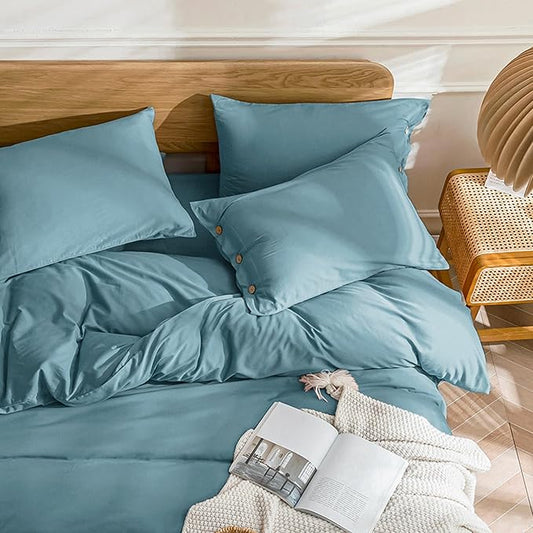 JELLYMONI Cotton Duvet Cover King Size - Grayish Blue Comforter Cover with Button 100% Washed Cotton 3PCS Breathable Soft Solid Bedding Set Duvet Cover 104×90in & 2 Pillowcases (NO Comforter)