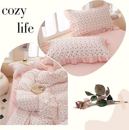 VM VOUGEMARKET Pink Floral Comforter Set Full,1 Fluffy Ruffle Comforter with 2 Pillow Shams Soft Comfy Reversible Stripes Bedding Comforter Set for All Seasons-79 x90