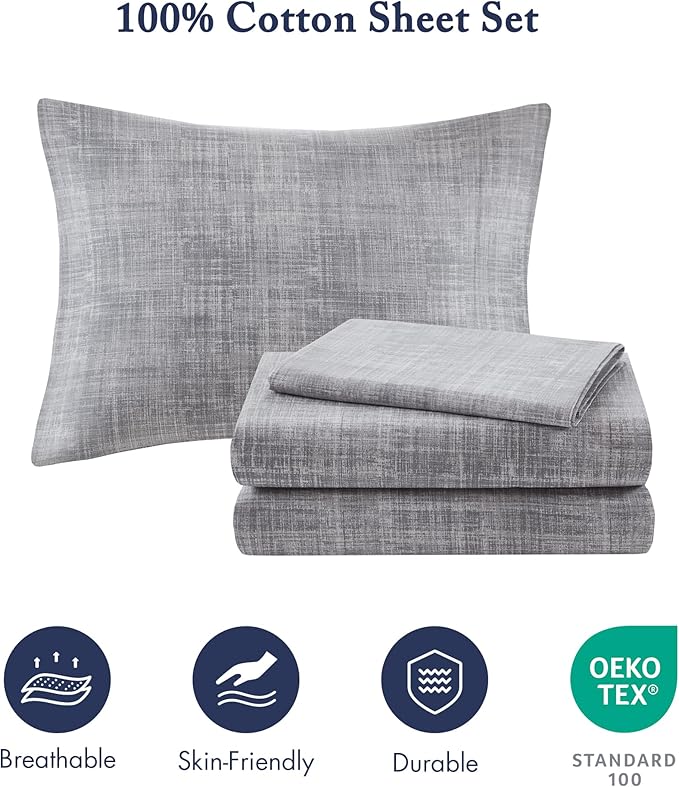 Madison Park Essentials Cal King Comforter Set, Bed in a Bag, Watercolor Print Coastal Comforter & Chambray Cotton Sheet Set, All Season Bedding, Saben, Navy Cal King (104 in x 92 in) 9Piece