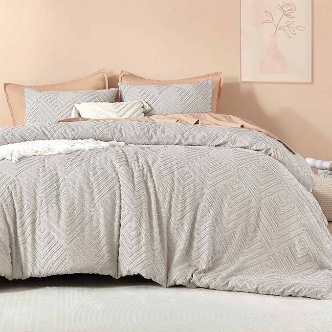 Litanika Linen Grey King Size Comforter Set, 3 Pieces Tufted Boho Farmhouse Bedding Comforter Sets, Lightweight Fluffy Comforter Bed Set for All Season (104x90In Comforter and 2 Pillowcases)