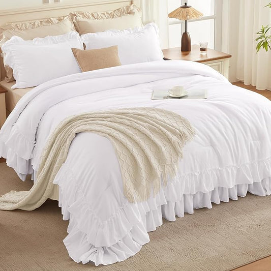 Andency White Ruffle Comforter Set King, Shabby Chic Farmhouse Bedding Comforter, Soft Lightweight Fluffy Microfiber Bet Set All Season 3 Pieces Solid Comforter Set