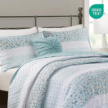 Madison Park King Quilt Set, Seersucker Floral Coverlet, All Season Lightweight Microfiber Bedding Quilt Set, Vermicelli Quilting Design, Throw Pillow, Caralie, King/Cal King Aqua 4 Piece