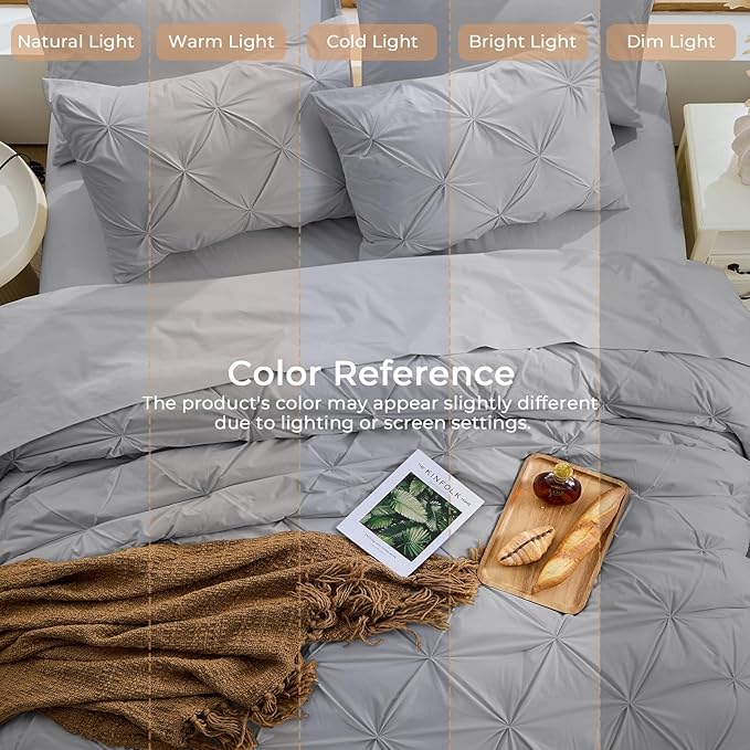 Sasttie Twin Comforter Set, 5-Piece Bed in a Bag, Pintuck Bedding Sets for All Season, Includes Comforter, Flat Sheet, Fitted Sheet, Pillowcase and Pillowsham, Light Grey