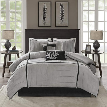 Madison Park Cozy Comforter Set Casual Blocks Design All Season, Matching Bed Skirt, Decorative Pillows, Cal King(104"x92"), Dune Suede, Black Grey, 7 Piece