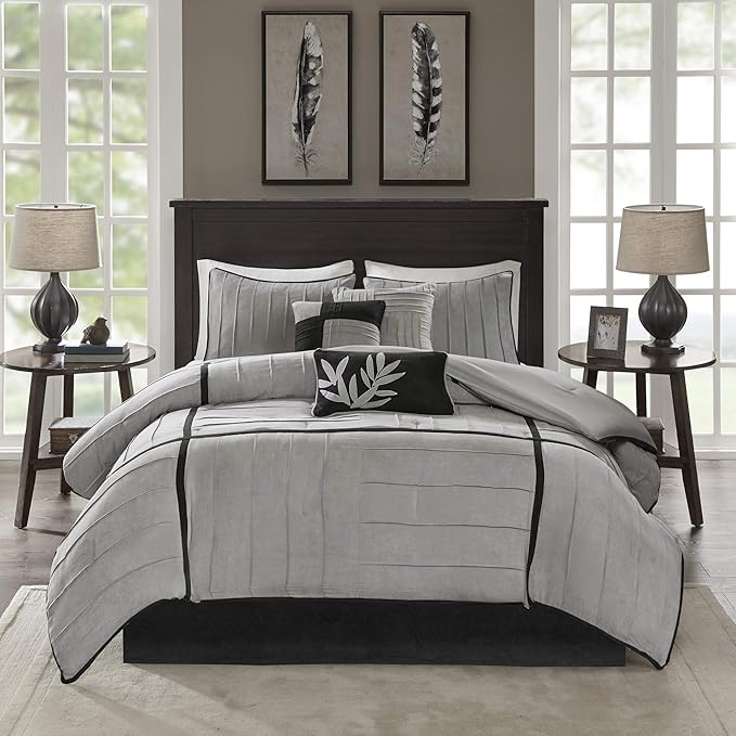 Madison Park Cozy Comforter Set Casual Blocks Design All Season, Matching Bed Skirt, Decorative Pillows, King(104"x92"), Dune Suede, Black Grey, 7 Piece