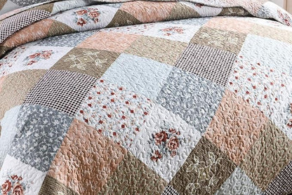 Travan 3-Piece King Quilt Set Quilted Bedspread Lightweight Reversible Coverlet Set Floral Printed Quilted Bedding Set with Shams for All Season, Brown Floral, King Size