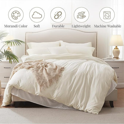 MILDLY Super Soft Duvet Cover - 100% Washed Microfiber Off White Comforter Cover Set 3 Pieces with Zipper Closure & Corner Ties