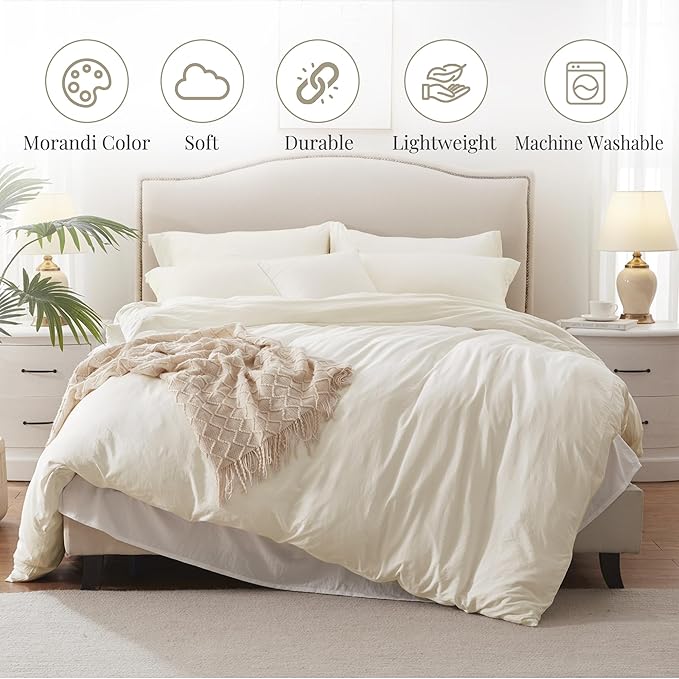 MILDLY Super Soft Duvet Cover - 100% Washed Microfiber Off White Comforter Cover Set 2 Pieces with Zipper Closure & Corner Ties