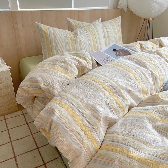 EAVD Striped Duvet Cover Full Size Colorful Soft Washed Cotton Bedding Set 3 Pieces Pinstriped Bedding Set with 2 Pillowcases Modern Farmhouse Geometric Duvet Cover with Zipper Closure