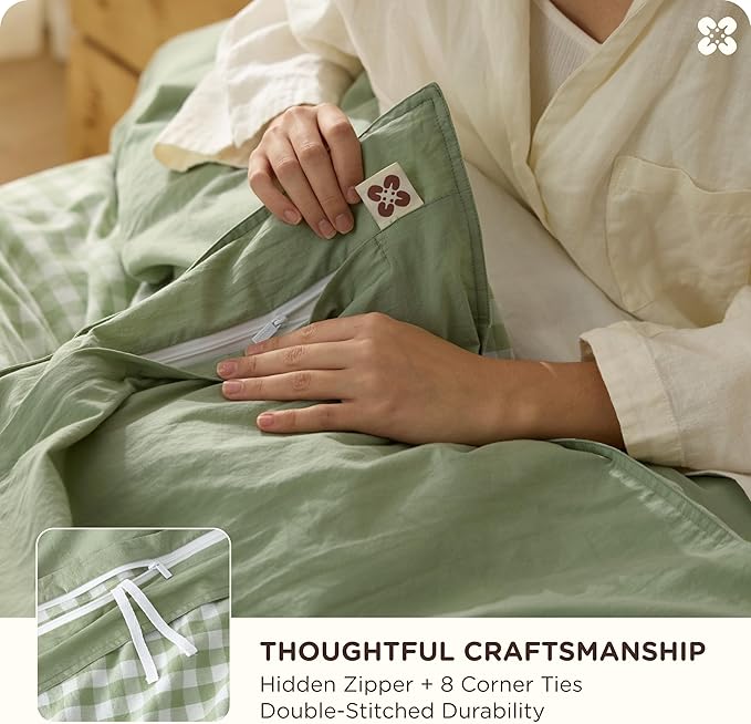 Bedsure Gingham Duvet Cover King Size, 100% Washed Cotton PureWoven Duvet Cover Linen Like Textured, Classic Yarn-Dyed Checkered Pattern Enhances Bedroom Comfort & Style, Gingham Sage Green, 104"x90"