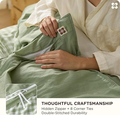 Bedsure Gingham Duvet Cover King Size, 100% Washed Cotton PureWoven Duvet Cover Linen Like Textured, Classic Yarn-Dyed Checkered Pattern Enhances Bedroom Comfort & Style, Gingham Sage Green, 104"x90"