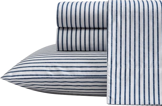 Nautica- King Sheet Set, Cotton Percale Bedding Set, Crisp & Cool, Lightweight & Breathable (Harmead Navy, King)