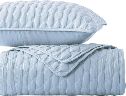 WDCOZY Light Blue Quilts Queen Size Bedding Set with 2 Pillow Shams, Lightweight Soft Full Bedspread Coverlet, Thin Comforter Bed Cover for All Season, 3 Pieces, 90x90 inches