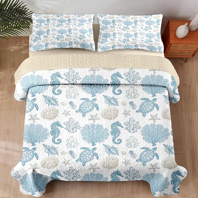 Quilt Set King Size, Sea Shell Coral Seahorse 3 Pcs Soft Bed Cover Bedding Set for Kids and Adults, Starfish Nautical Lightweight Bedspread Coverlet with Pillow Sham for All Season
