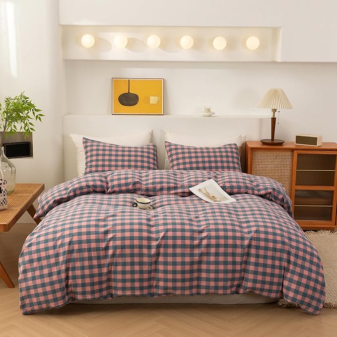 ECOCOTT Duvet Cover Oversized King Size, 100% Washed Cotton Linen-Like Soft & Breathable, Durable Comfy Bedding Set for All Seasons, Purple Pink Plaid