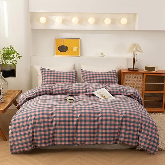 ECOCOTT Duvet Cover Oversized King Size, 100% Washed Cotton Linen-Like Soft & Breathable, Durable Comfy Bedding Set for All Seasons, Purple Pink Plaid