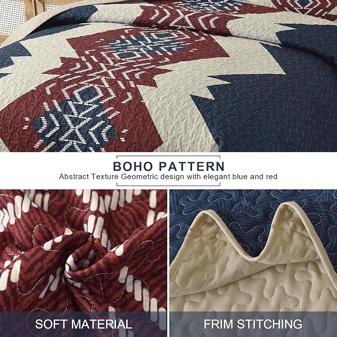 Dintszyayue Queen Quilt Set 3 Piece Boho Aztec Texture Bedspread Coverlet Set Blue and Red Quilt Reversible Lightweight Bedding Set Geometric Bohemian Bed Cover with 2 Pillowcases(Blue Red,90"x96")