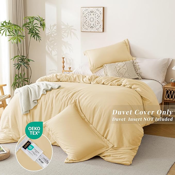 MILDLY Super Soft Duvet Cover 2pcs - 100% Washed Microfiber Butter Yellow Comforter Cover Set with Zipper Closure & Corner Ties