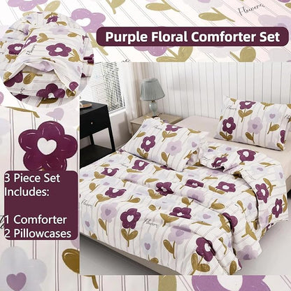 SDIII Purple Floral Comforter Set Queen 3 Pieces, Soft Microfiber Lightweight Vintage Floral Queen Comforter Set, Vintage Bedding for All Season