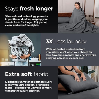 Silvery Silver Infused Bed Sheets Set - Ultra-Soft Temperature-Regulating Fabric with Self-Cleaning Technology™ That Stays Fresh 3X Longer for Hygienic Sleep