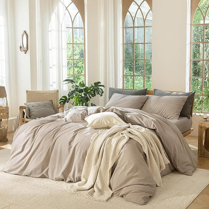MooMee Bedding Duvet Cover Set 100% Washed Cotton Linen Like Textured Breathable Durable Soft Comfy (Heathered Taupe, Cal King 104"x98")