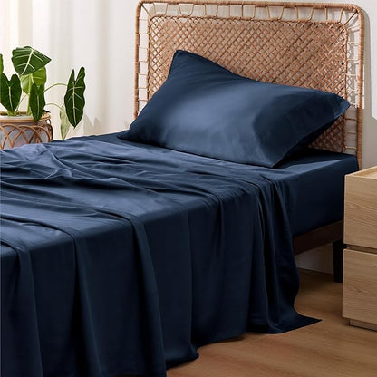 Bedsure Cooling Sheets Twin, Rayon Derived from Bamboo, PureWoven, Breathable & Soft Twin Sheets Set, Deep Pocket Up to 16 Inches, Hotel Luxury Silky Bedding for Hot Sleepers, Navy
