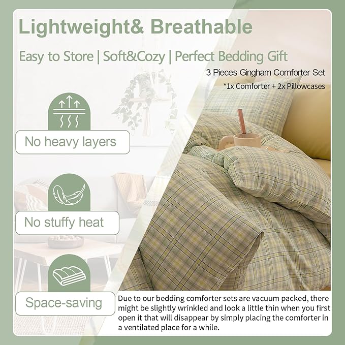 EAVD Modern Style Gingham Comforter Set Full Pink Blue Green Grid Plaid Comforter Set Reversible Farmhouse Gingham Bedding Set with 2 Pillowcases Reversible Grid Checkered Bedding Set for All-Season