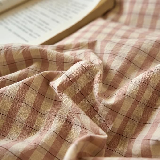 Gingham Duvet Cover Queen Size Blush Pink Washed Cotton Comforter Cover Queen Size Cute Plaid Checkered Zipper Duvet Cover Set with 2 Pillow Cases Boho Girls Bedding Set Vintage Duvet Protector