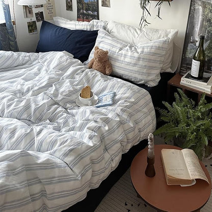VM VOUGEMARKET Queen Comforter Set Washed Cotton Vertical Demin Blue and White Striped Bedding Set Lightweight & Breathable for All Seasons (1 Comforter and 2 Pillowcase)
