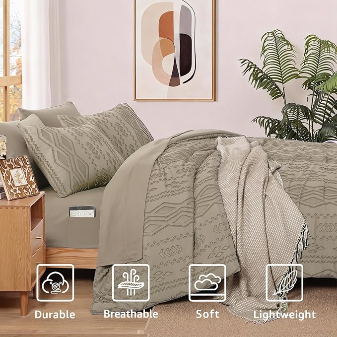 WRENSONGE Full Size Comforter Set with Sheets - 7 Pieces Khaki Tufted Bed in a Bag Full Shabby Chic Bedding Sets with 1 Comforter, 2 Sheets, 2 Pillowcases & 2 Shams