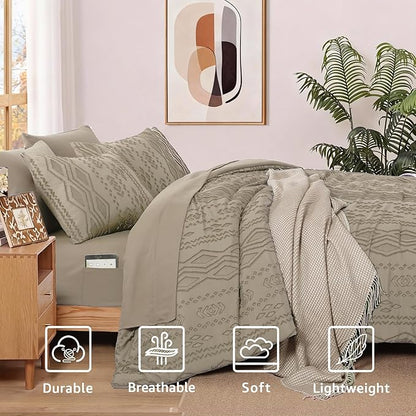 WRENSONGE Full Size Comforter Set with Sheets - 7 Pieces Khaki Tufted Bed in a Bag Full Shabby Chic Bedding Sets with 1 Comforter, 2 Sheets, 2 Pillowcases & 2 Shams