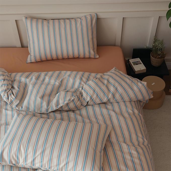 LifeTB Striped Duvet Cover Set Queen 3 Pieces Blue Brown Stripes Pattern Printed Bedding Set 100% Cotton Retro Striped Comforter Cover Comfy Soft Breathable Duvet Cover with 2 Pillowcases