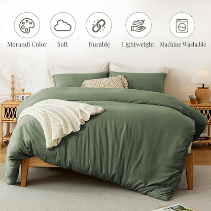 MILDLY Super Soft Duvet Cover - 100% Washed Microfiber Olive Green Comforter Cover Set 3 Pieces with Zipper Closure & Corner Ties (No Comforter)