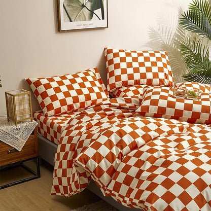 CLOTHKNOW Orange Plaid King Size Comforter Set 3Pcs Grid Bedding Comforter Sets Soft Lightweight Caramel Comforter King Checker Comforter