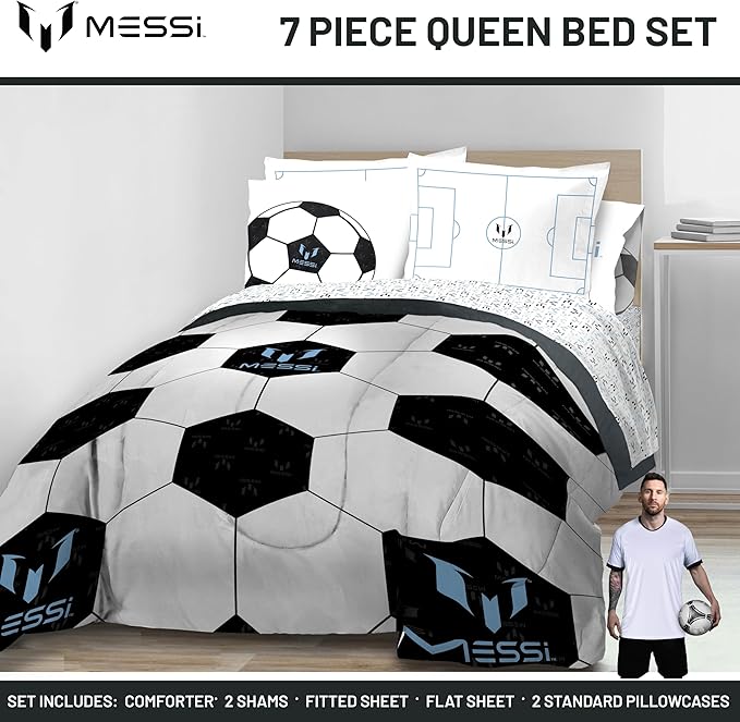 Jay Franco Kids Comforter Set Includes Sheets and Pillow Cover - Soft and Cozy Bed Set for Stylish Room Décor, White - Messi, 7 Piece Queen