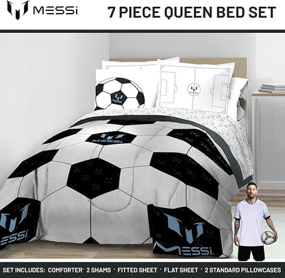 Jay Franco Kids Comforter Set Includes Sheets and Pillow Cover - Soft and Cozy Bed Set for Stylish Room Décor, White - Messi, 7 Piece Queen