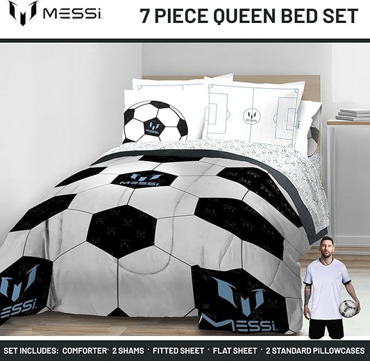 Jay Franco Kids Comforter Set Includes Sheets and Pillow Cover - Soft and Cozy Bed Set for Stylish Room Décor, White - Messi, 7 Piece Queen
