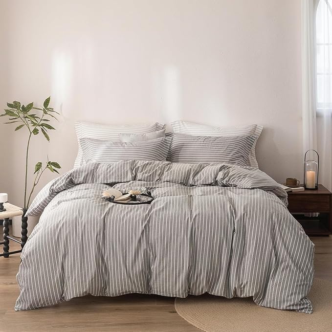 Stripe Duvet Cover Super King Size 108inch x 98inch, 100% Washed Cotton Linen Feel Duvet Cover with Zipper Closure and 2 Pillowcases, Color of Grey-White Stripe